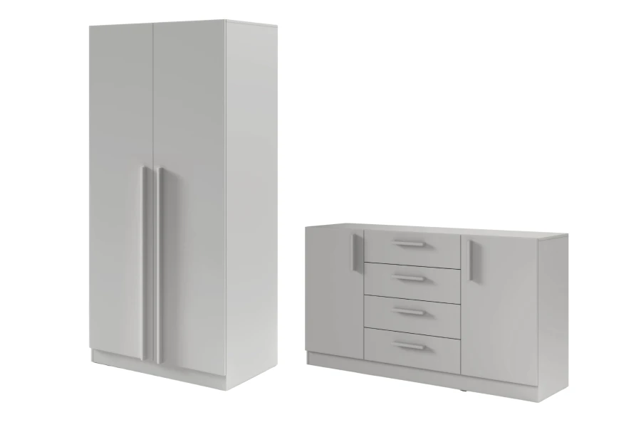 Möbelset in Platingrau bestehend aus einem Kleiderschrank und einer breiten Kommode.