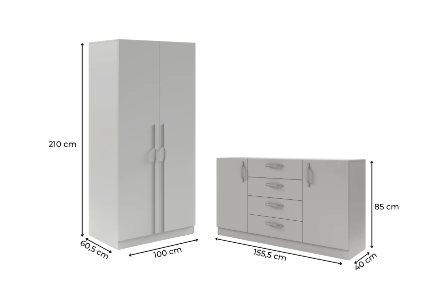 Zweitüriger Kleiderschrank und Sideboard in Grau mit Maßen auf weißem Hintergrund.