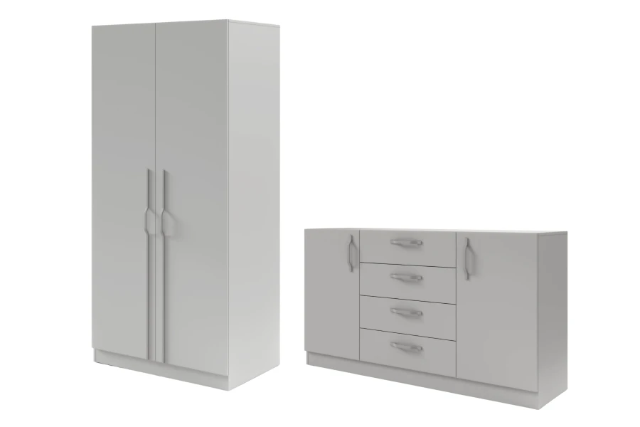 Set aus grauem Kleiderschrank und Sideboard im modernen, schlichten Design.