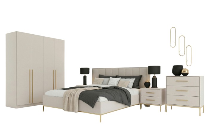 Elegantes Schlafzimmermöbel-Set in Beige mit Goldakzenten, bestehend aus Bett, Schrank und Kommode.