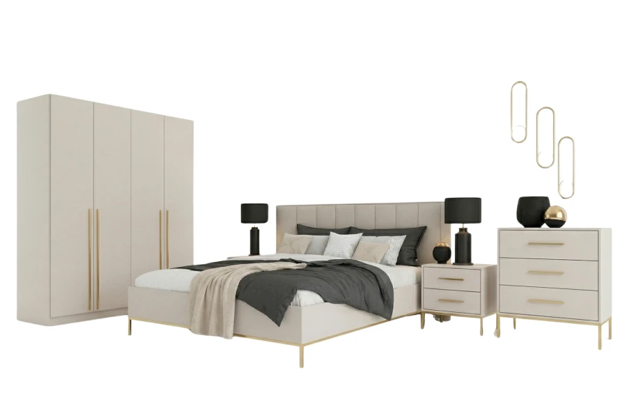 Elegantes Schlafzimmermöbel-Set in Beige mit Goldakzenten, bestehend aus Bett, Schrank und Kommode.
