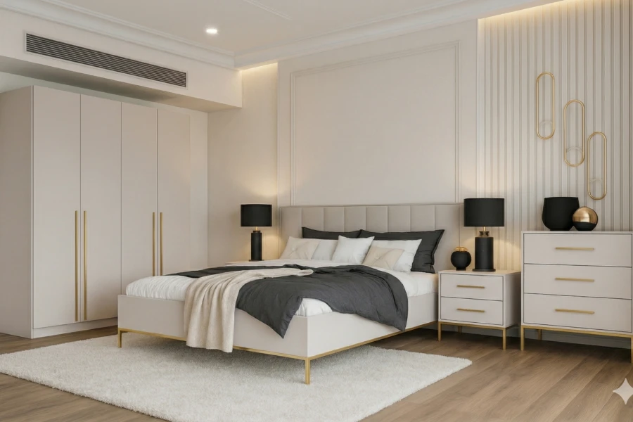 Modern eingerichtetes Schlafzimmer in Beige und Gold mit gemütlicher Beleuchtung und stilvollen Möbeln.