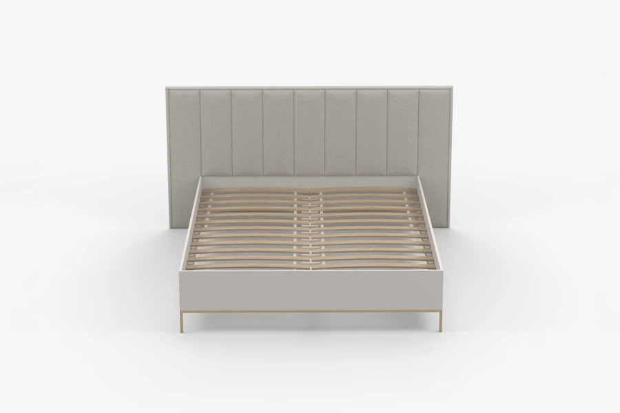 Frontansicht eines beigen Doppelbettes mit stabilem Lattenrost und stilvollem Design.