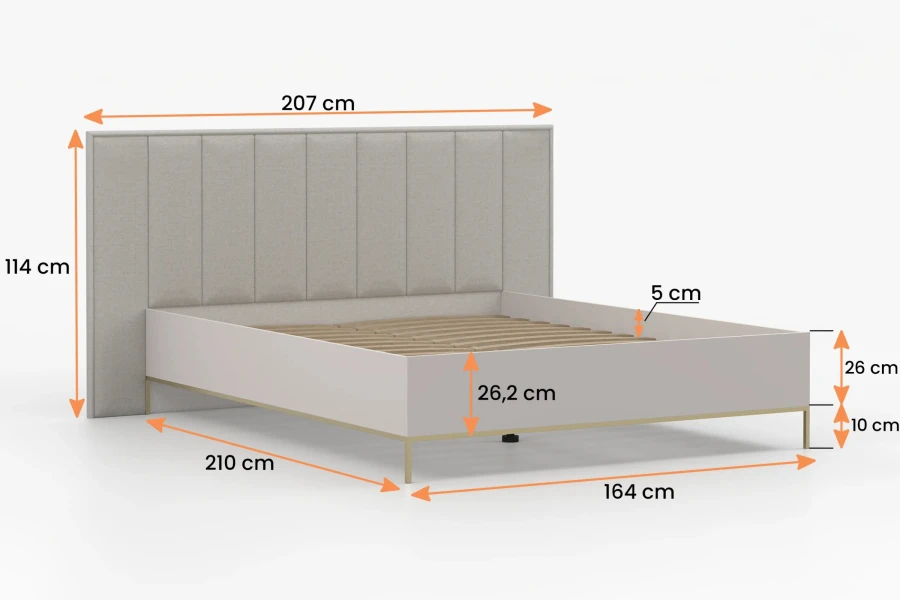 Maßzeichnung eines Polsterbetts in Beige mit detaillierten Größenangaben in Zentimetern.