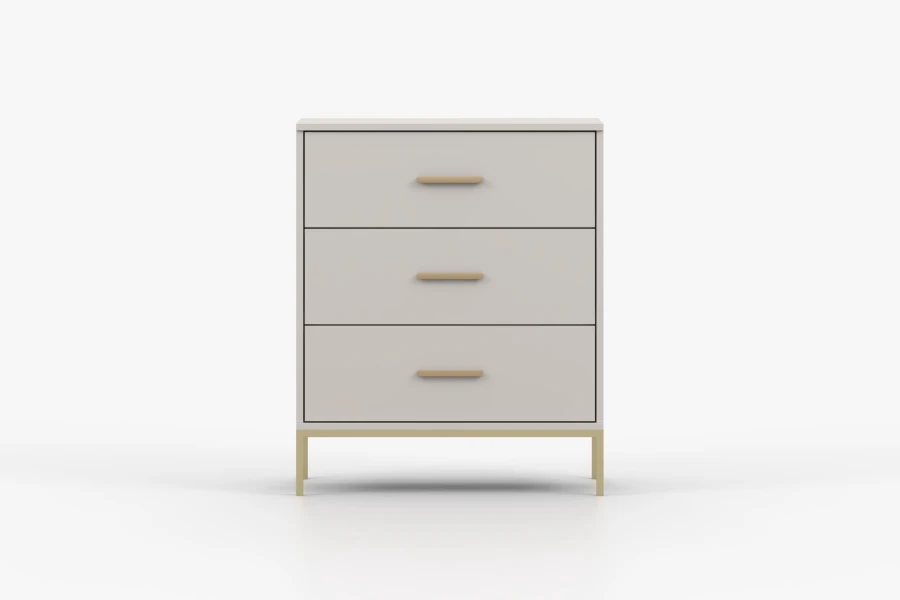 Beige Kommode mit drei Schubladen und eleganten goldenen Griffen und Standfüßen vor weißem Hintergrund.