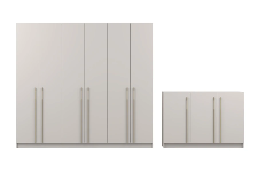 Beiger 6-türiger Kleiderschrank und Sideboard mit langen goldenen Griffen.