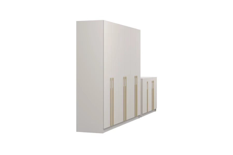 Seitenansicht eines modernen beige Kleiderschranks und passender Kommode.