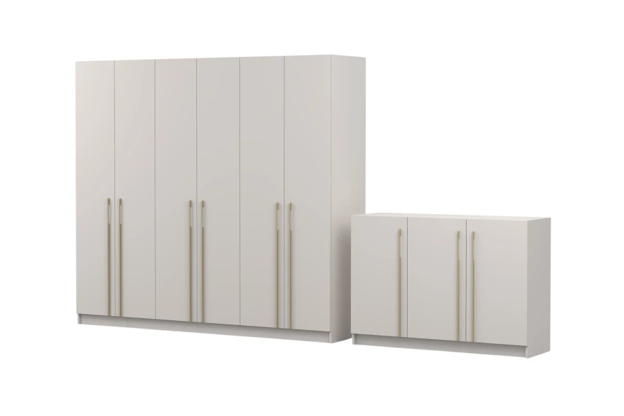 6-türiger Schrank und Kommode in Beige mit eleganten Goldgriffen, Perspektive.