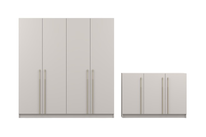 Frontalansicht Kleiderschrank und Sideboard in Beige mit eleganten Goldgriffen