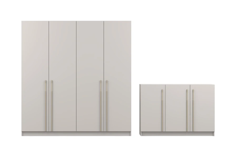 Frontalansicht Kleiderschrank und Sideboard in Beige mit eleganten Goldgriffen