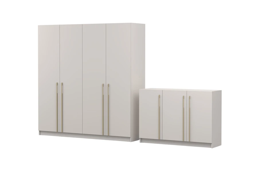 Schlafzimmermöbel Set Beige: 4-türiger Kleiderschrank und Sideboard mit Gold
