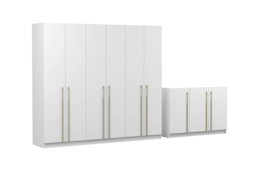 Großer weißer Kleiderschrank 6-türig und Sideboard mit modernen Goldgriffen