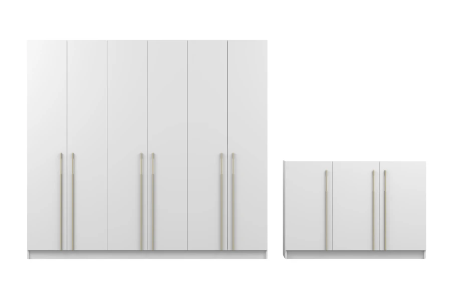 Moderner weißer 6-türiger Kleiderschrank und Sideboard mit Goldgriffen, Frontansicht.