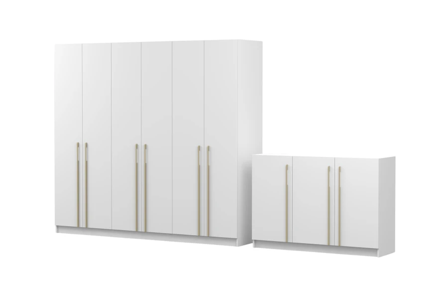 Weißer Schlafzimmerschrank mit 6 Türen und passende Kommode, Schrägansicht von links.