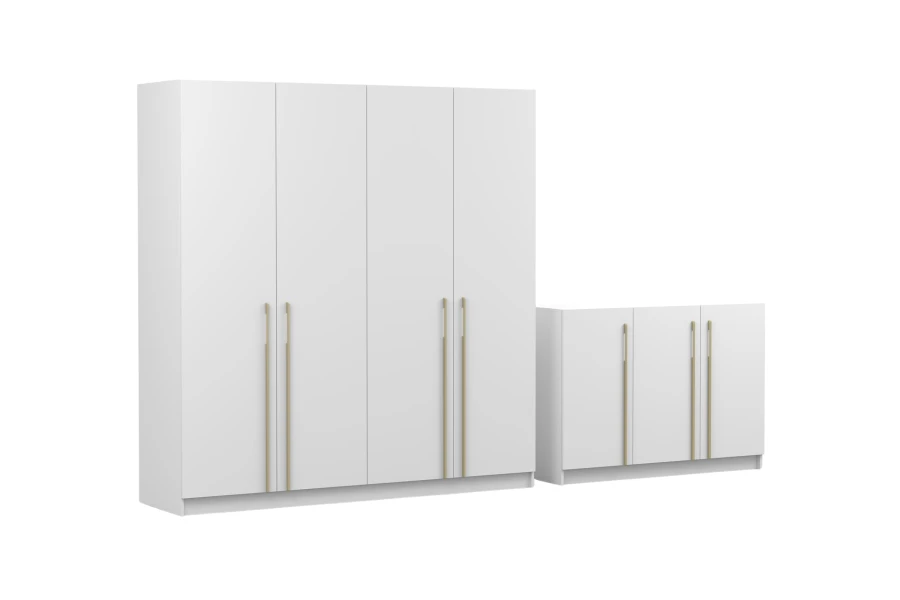 Elegantes Set aus weißem 4-türigem Kleiderschrank und Sideboard mit goldenen Griffen.