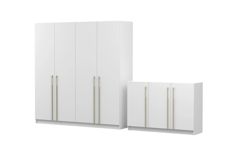 Moderner weißer Kleiderschrank und Sideboard mit eleganten goldenen Griffen.