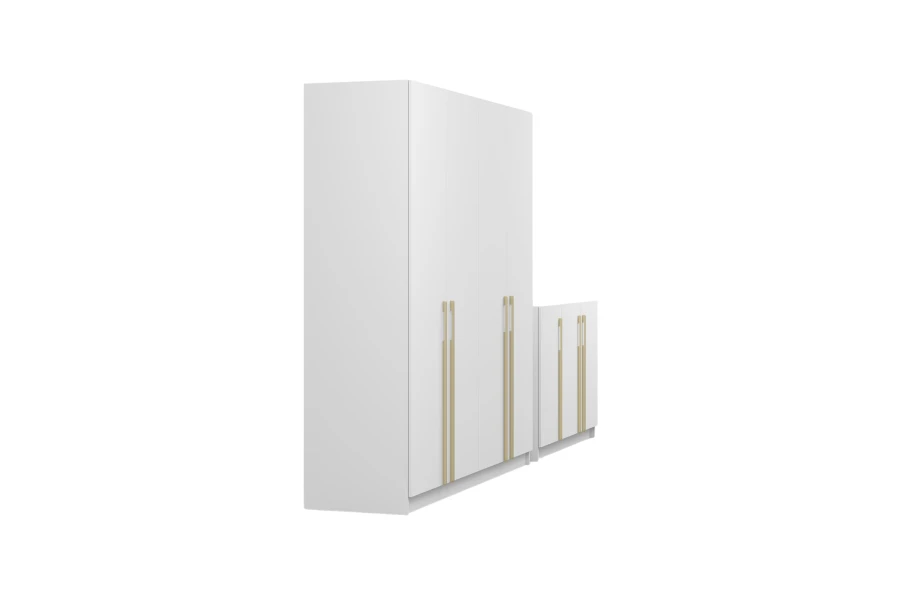 Profilansicht von weißem Kleiderschrank und Sideboard mit schmalen Goldgriffen.