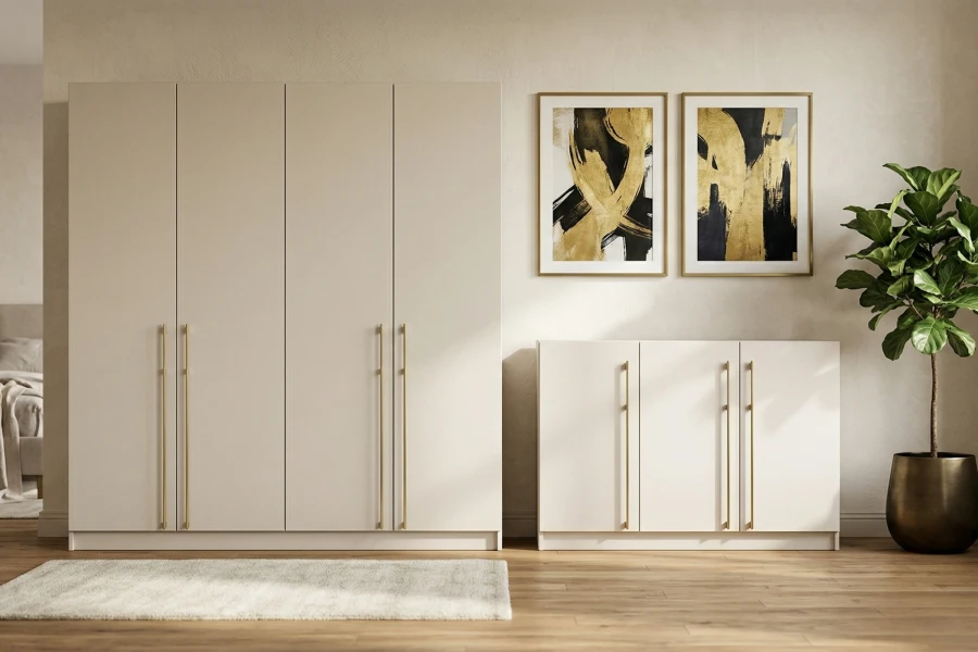 Moderner beige Schrank und Sideboard mit goldenen Griffen vor einer Wand mit abstrakter Kunst