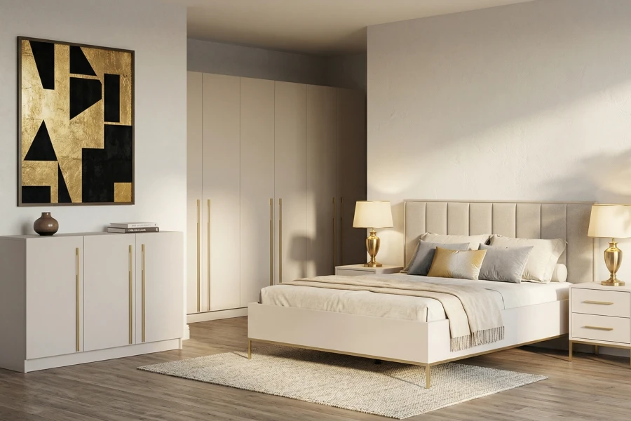Stilvolles beiges Schlafzimmer mit Bett, Sideboard und Kleiderschrank in eleganter Optik