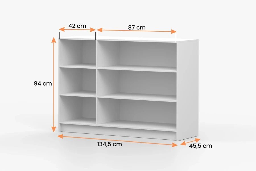 Technische Zeichnung mit Maßen für ein weißes Sideboard mit Regalfächern (134,5 cm Breite)