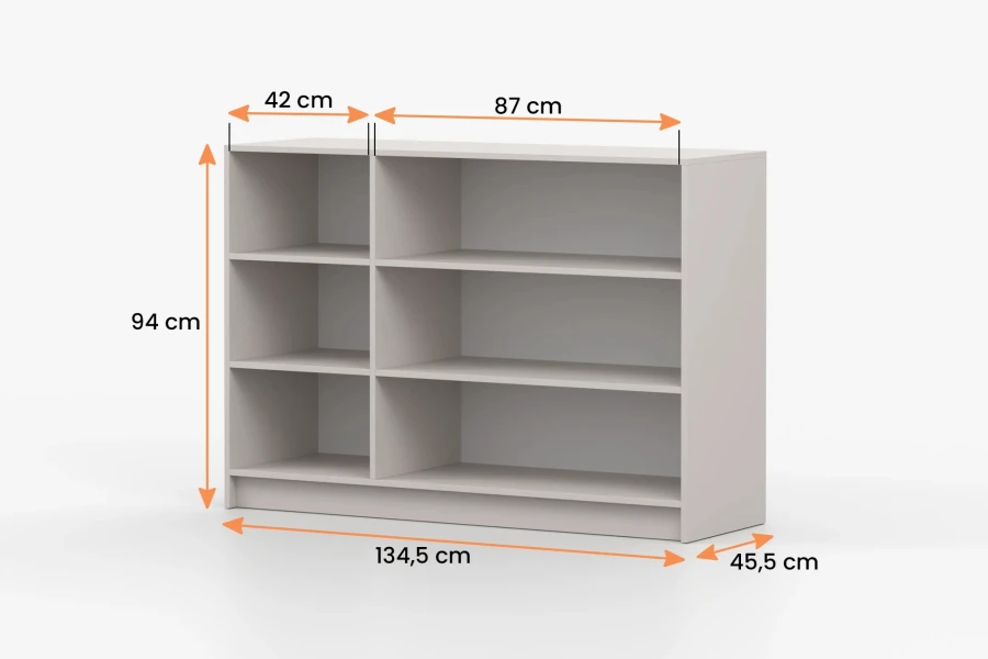 Beiges Sideboard mit Maßen: 134,5x94x45,5 cm, offene Regalfächer für optimale Organisation.