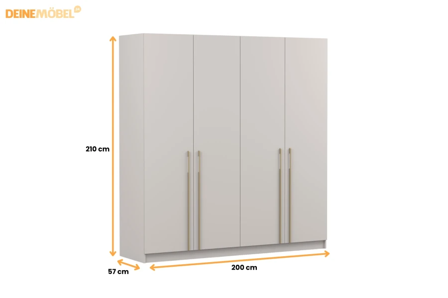 4-türiger Kleiderschrank in Beige mit goldenen Griffen, Maße: 200x210x57 cm für viel Stauraum.