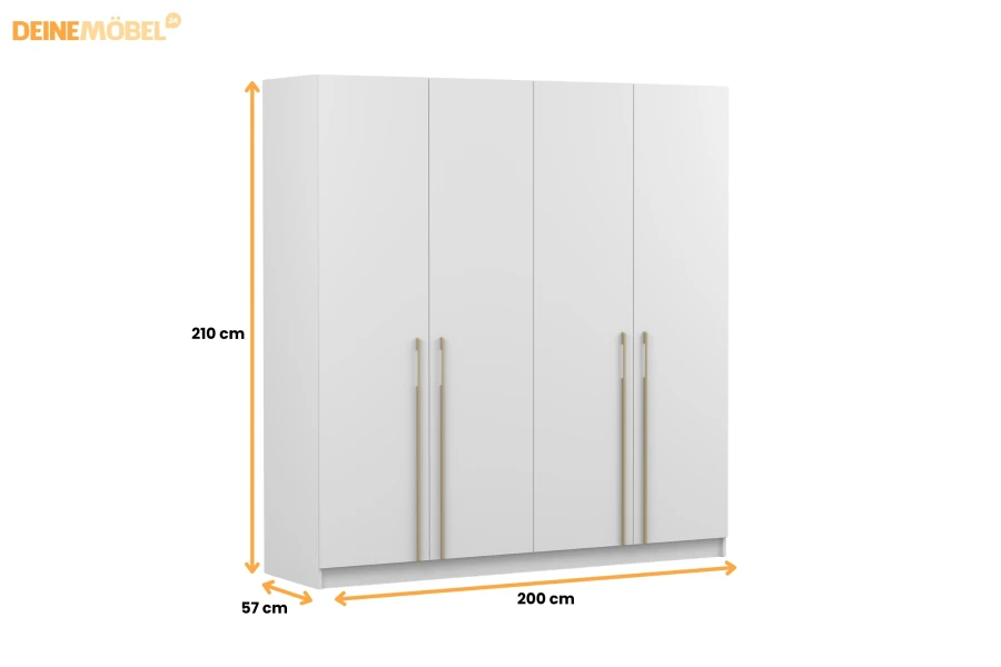 Moderner weißer 4-Türer Kleiderschrank mit Maßen 200x210x57 cm für das Schlafzimmer.