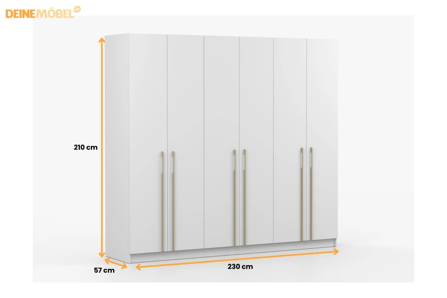 Großer weißer Kleiderschrank 6-türig mit goldenen Griffen, 230x210 cm.