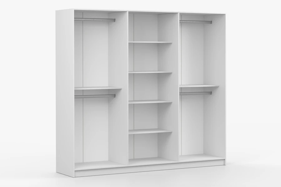 Innenraum Kleiderschrank weiß mit Kleiderstangen und praktischen Fachböden.