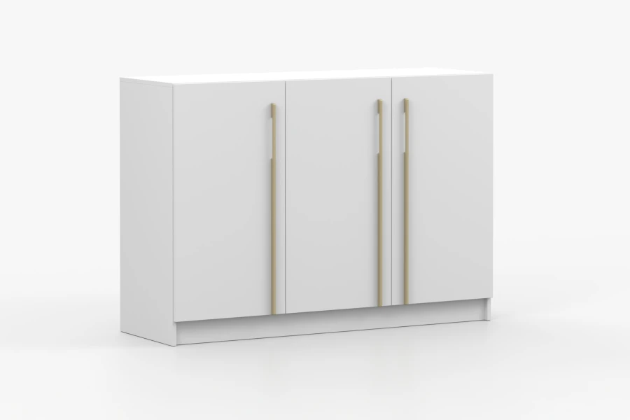 Weiße Kommode mit 3 Türen und schmalen goldenen Griffen, Sideboard.