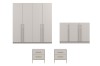 Beiges Möbelset mit 4-türigem Kleiderschrank, Sideboard und zwei Nachttischen.