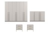 Modernes 6-türiges Schlafzimmerschrank-Set in Beige mit eleganten Goldgriffen.