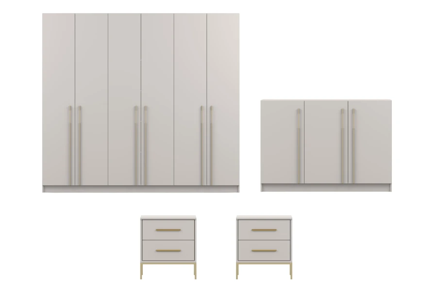 Modernes 6-türiges Schlafzimmerschrank-Set in Beige mit eleganten Goldgriffen.