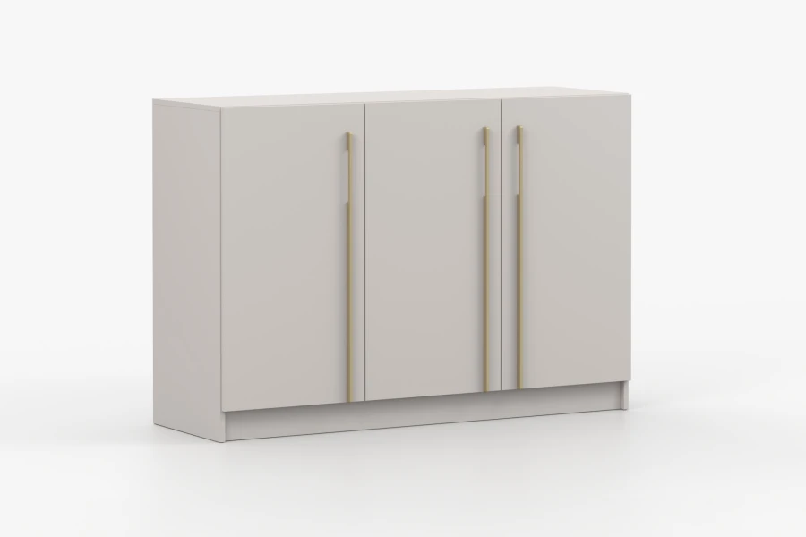 Modernes beiges Sideboard mit 3 Türen und langen goldenen Griffen.