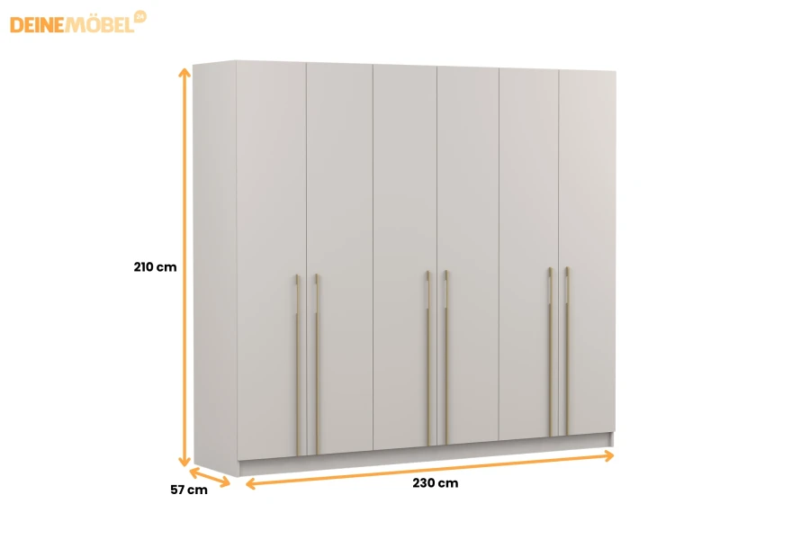Beiger 6-türiger Kleiderschrank mit Goldgriffen und Maßen: 210 cm Höhe, 230 cm Breite, 57 cm Tiefe.