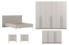 Modernes Schlafzimmer-Set in Beige mit Bett, Kleiderschrank, Kommode und Nachttischen.