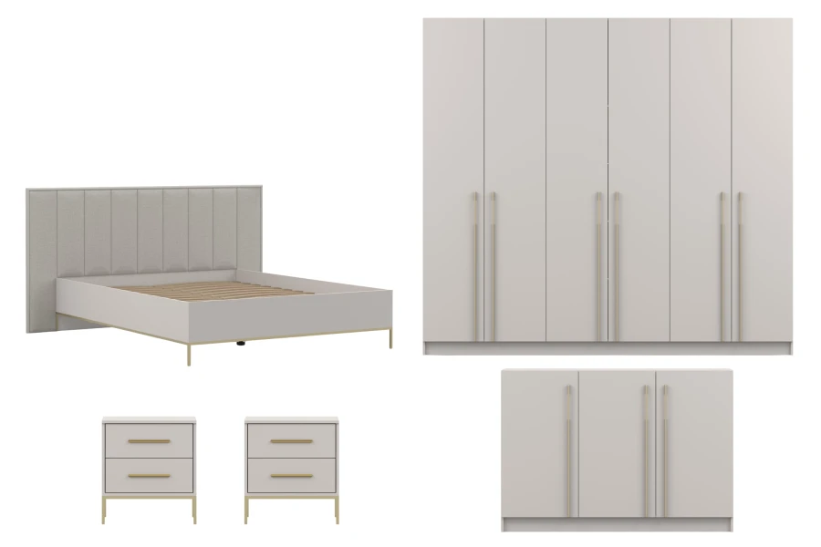 Modernes Schlafzimmer-Set in Beige mit Bett, Kleiderschrank, Kommode und Nachttischen.