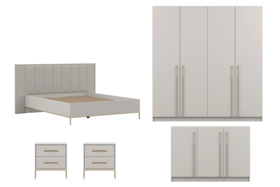 Elegantes Schlafzimmermöbel-Set in hellem Design mit goldenen Akzenten für das Schlafzimmer.
