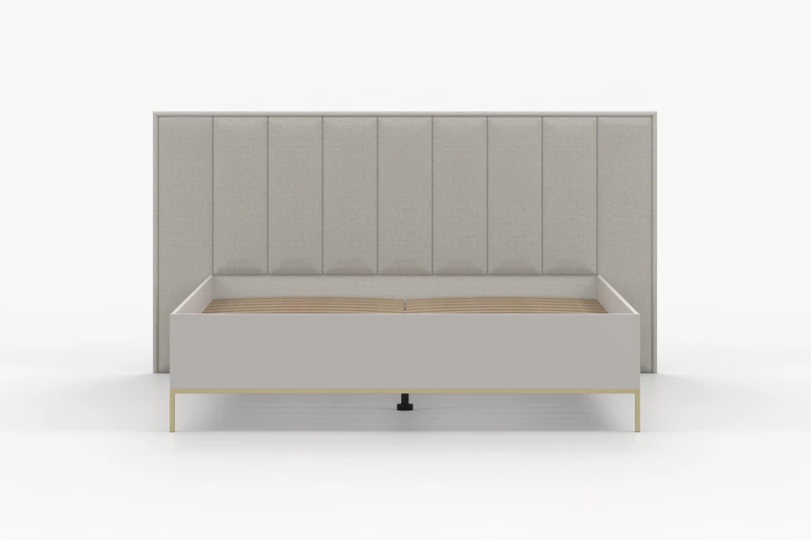 Frontansicht eines minimalistischen Bettes in Beige mit gepolstertem Kopfteil und Lattenrost.