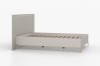 Modernes Polsterbett in Beige mit vertikal gestepptem Kopfteil und goldenem Metallgestell.