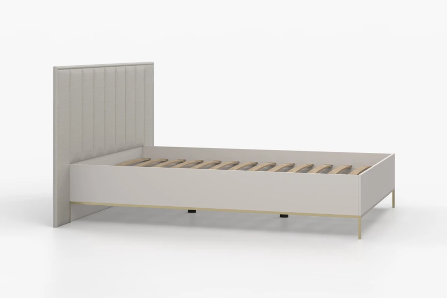 Modernes Polsterbett in Beige mit vertikal gestepptem Kopfteil und goldenem Metallgestell.