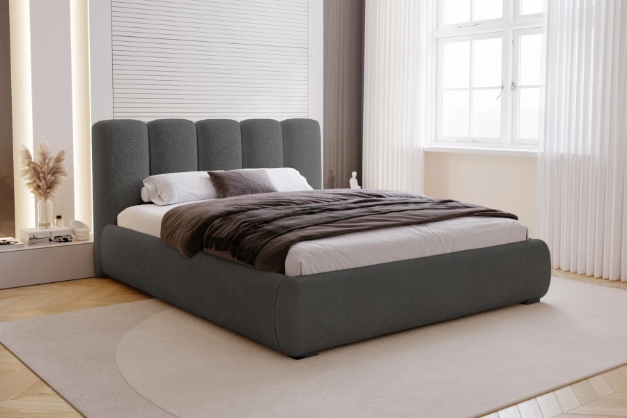 Anthrazitfarbenes Polsterbett in stilvollem Schlafzimmer-Ambiente mit neutralen Tönen.
