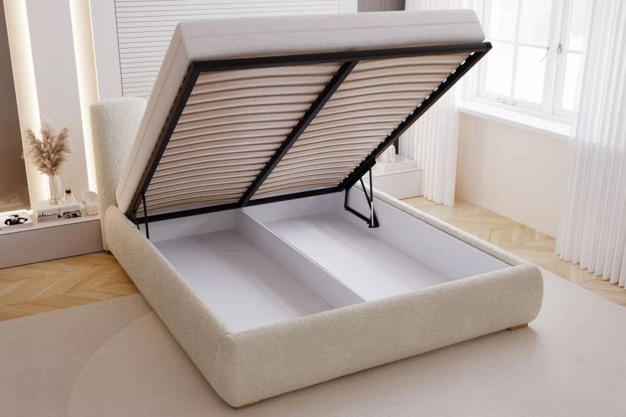 Funktionelles Stauraumbett mit hochklappbarem Lattenrost und großem Bettkasten.
