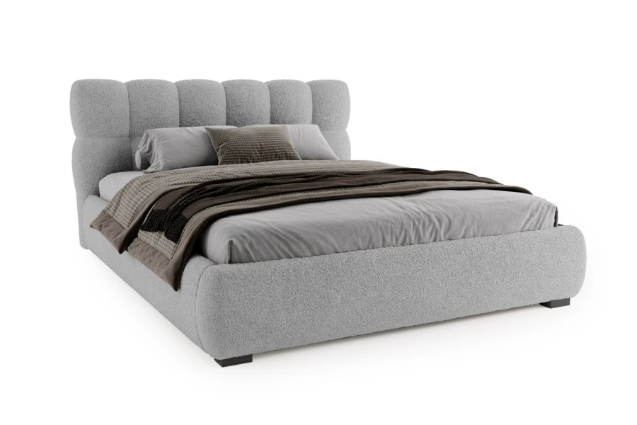 Elegantes Polsterbett in Hellgrau mit weichem Bouclé-Stoffbezug