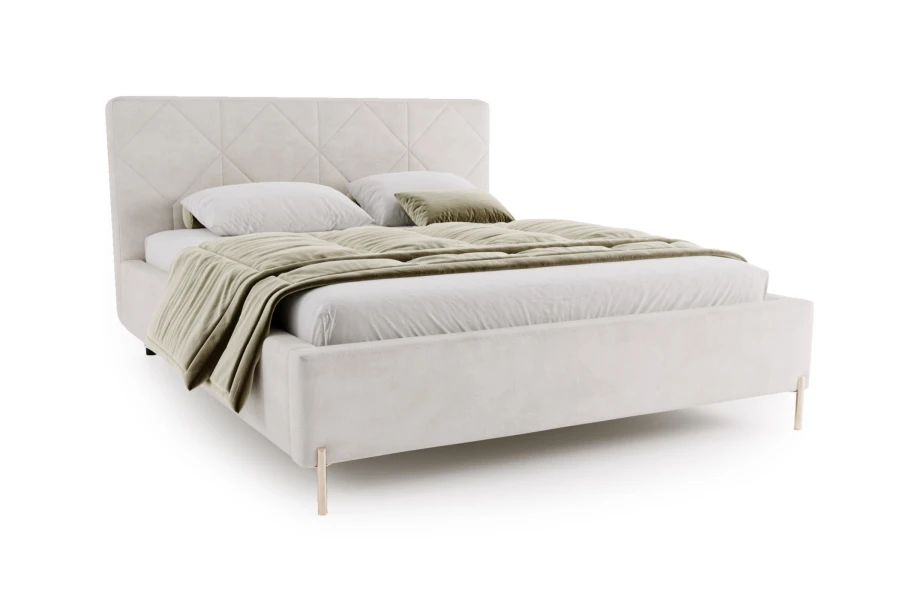 Elegantes Polsterbett in Ecru mit Rautensteppung am Kopfteil und schmalen Metallfüßen.
