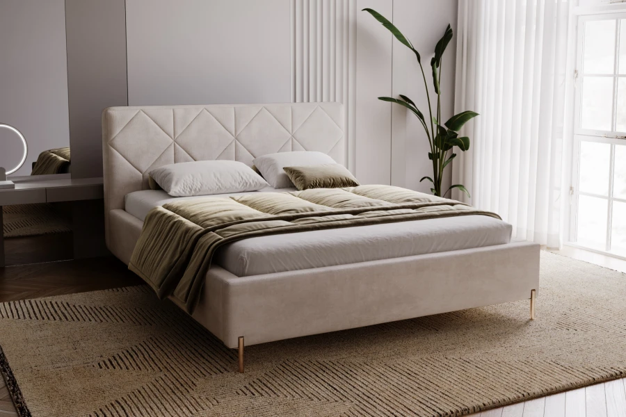 Modernes Polsterbett in Beige mit dekorativer Rautensteppung im Schlafzimmer.