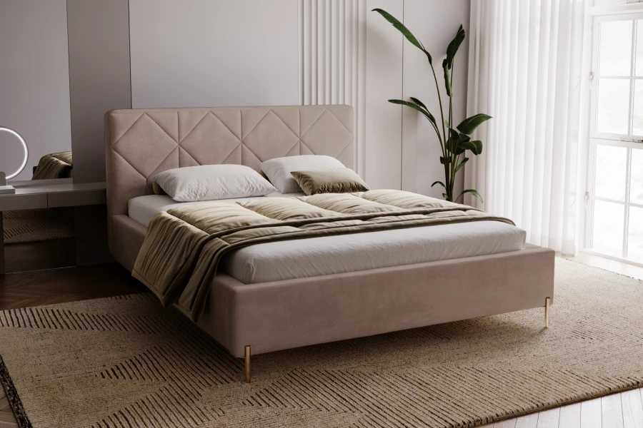 Elegantes Designerbett in Beige für ein modernes Schlafzimmer-Ambiente.