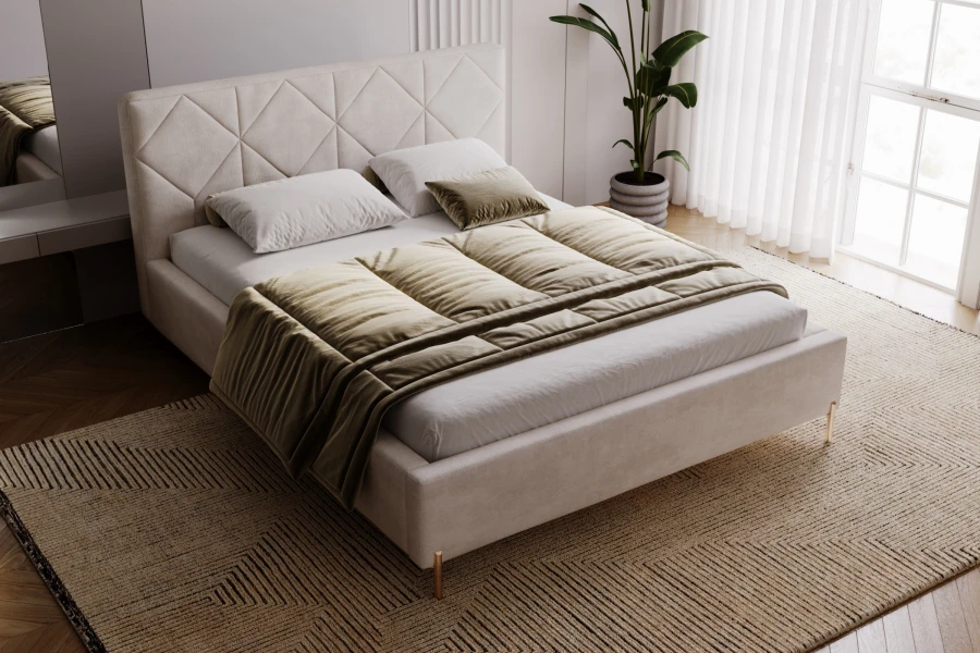 Gemütliches beige Polsterbett in modernem Schlafzimmer aus seitlicher Perspektive.