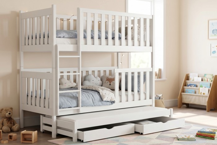 Modernes weißes Hochbett für Kinder mit Leiter, integriertem Gästebett und Stauraumschubladen.