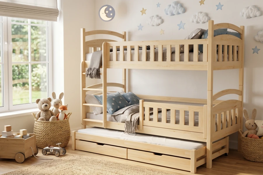 Etagenbett aus hellem Kiefernholz mit praktischem Ausziehbett und Schubladen für Kinder.